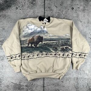 Vtg Art Unlimited Sweatshirt L Bison Buffalo Native 90s All Over Print USA Made